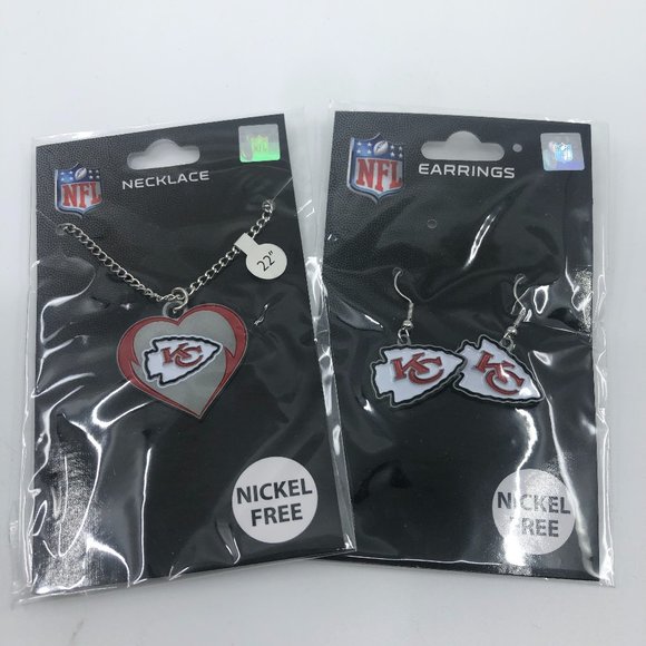 Kansas City Chiefs NFL Silver Heart Team Pendant Necklace + Dangle Earrings Set - Picture 1 of 7